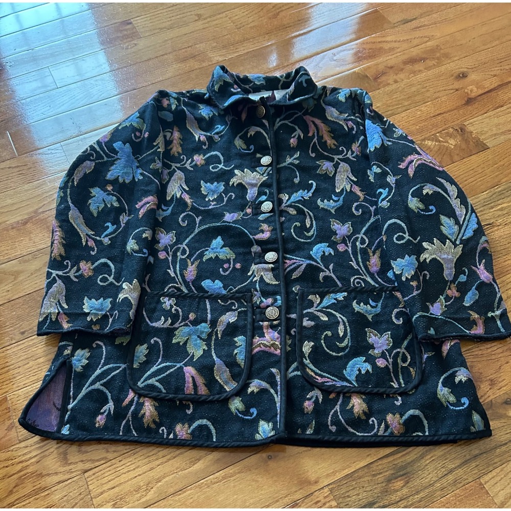 Blair Womens XL Tapestry Jacket Black Floral Scroll Button Front Patch Pockets